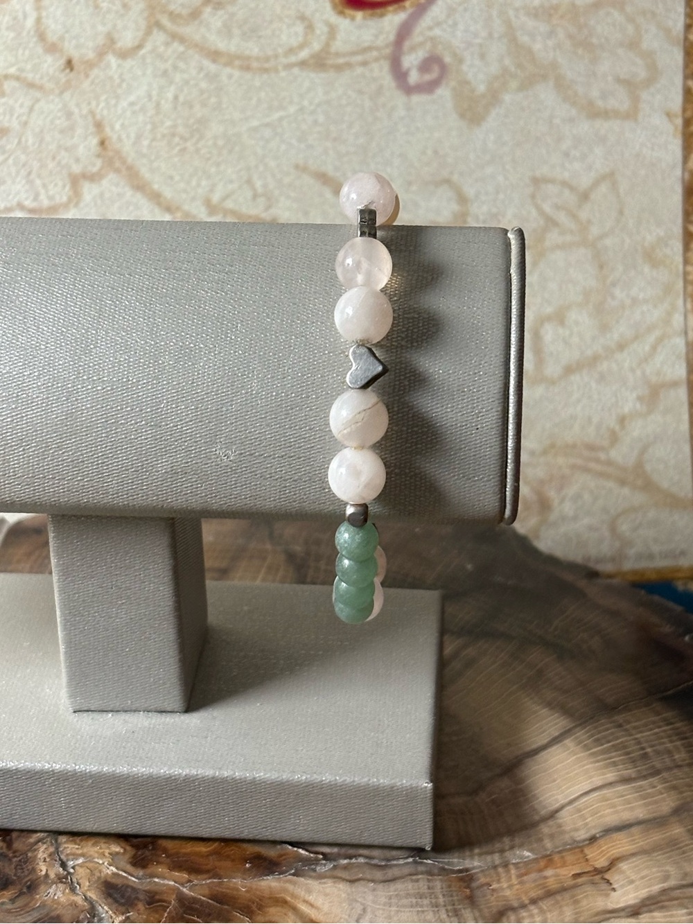 Rose Quartz and Green Adventurine with Silver Hearts Beaded Stretch Bracelet